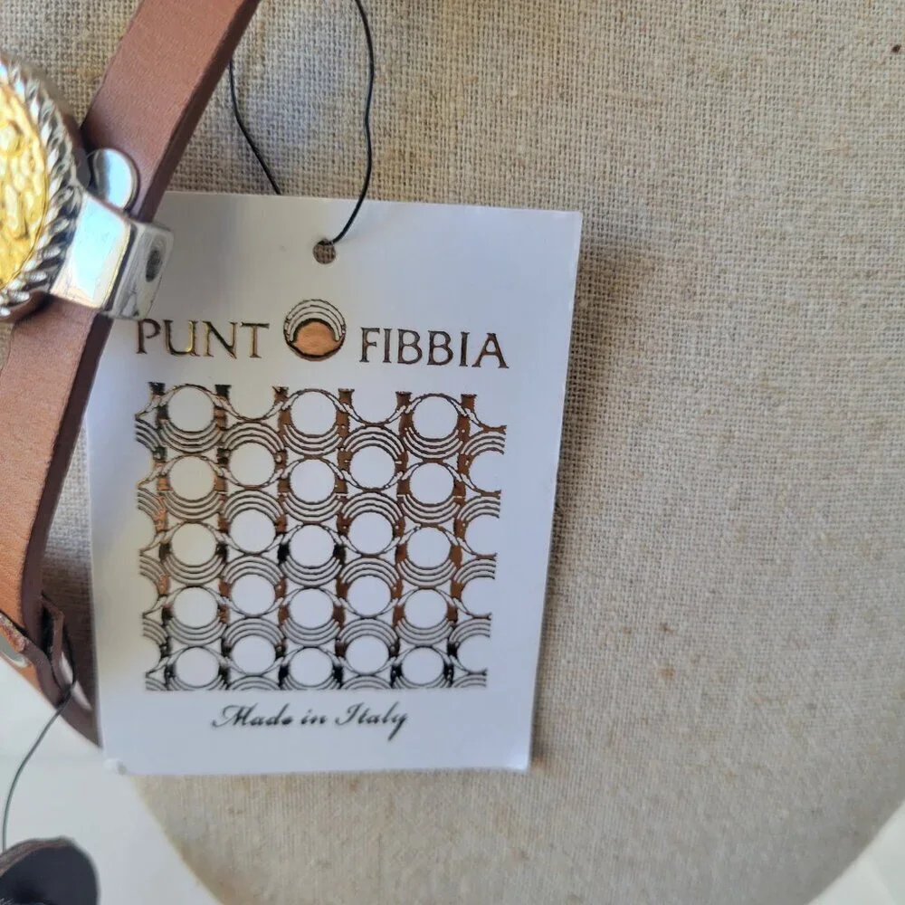 Punt Fibbia Brown Genuine Leather Concho Belt w/Gold-tone Heart Medallions (Size